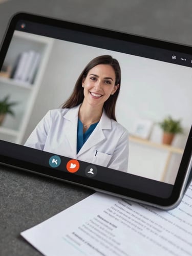 Close-up of a tablet screen displaying a secure video call with a smiling professional consultant, official stamped documents resting neatly beside it.