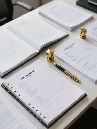 Overhead shot of neatly organized legal dossiers with official stamps and a brass pen, clean corporate desk, bright natural daylight.