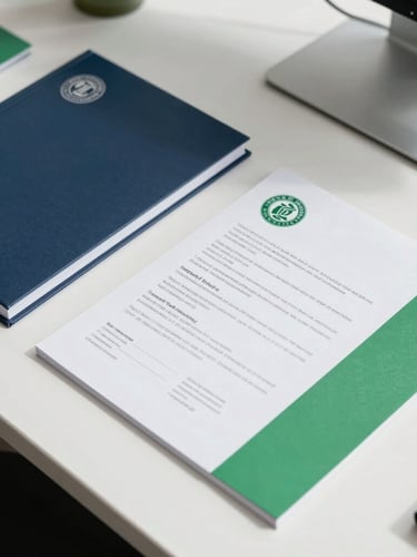 Overhead shot of organized physical documents with official stamps, clean modern desk, bright daylight, high contrast navy and green accents