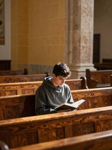 Wide environmental frame inside a seminary chapel in Tijuana, afternoon north-facing light falling across wooden pews, a young man in street clothes seated and reading from an open book, face tilted down in concentration, chapel columns visible to the right, warm ochre stone walls, quiet and unposed