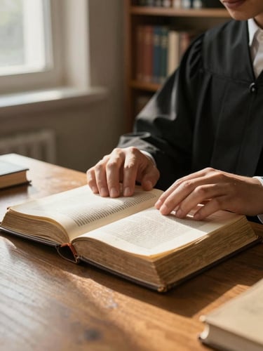 Close environmental shot: a seminarian's hands turning a page of a worn theology book on a wooden desk, golden-hour light from a side window catching the page edges, dormitory bookshelf softly visible in background, documentary framing, no posing