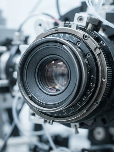 Macro close-up of a high-precision optical lens calibration under bright, cool clinical white light, sharp focus on technical details.