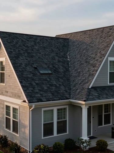 Wide environmental shot of a completed Alabama residential roof replacement — dark charcoal shingles on a gabled roofline, late afternoon overcast light showing true material color, full home exterior with clean gutters and trimmed landscaping, no workers