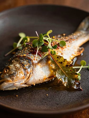 Close-up macro shot of an artfully plated Malabar sea bass, garnished with microgreens and a single crispy curry leaf, dramatic golden hour side-lighting on a dark textured ceramic plate, shallow depth of field, 35mm
