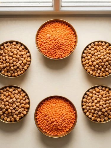 Top-down flat lay of rich orange red lentils and golden split chickpeas in rustic brass bowls on a warm cream surface, soft natural window light, 35mm