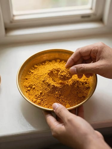 Hands measuring golden turmeric powder into a traditional brass bowl, soft warm window light, 35mm