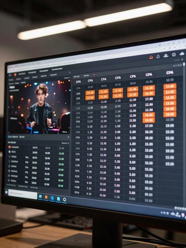 Tight crop on a monitor screen showing a live campaign performance dashboard with CPA columns, conversion rows and orange accent highlights on key metrics, overhead office lighting, no faces, no branding visible