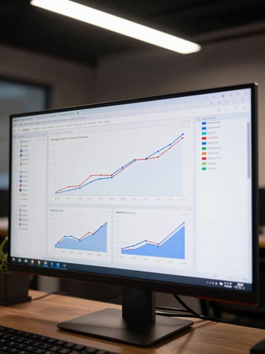 Tight crop on a wide monitor displaying a live Google Ads campaign dashboard, multiple conversion graphs trending upward, cost-per-acquisition metrics visible on screen — overhead studio lighting, dark office environment, sharp screen glow, no people visible