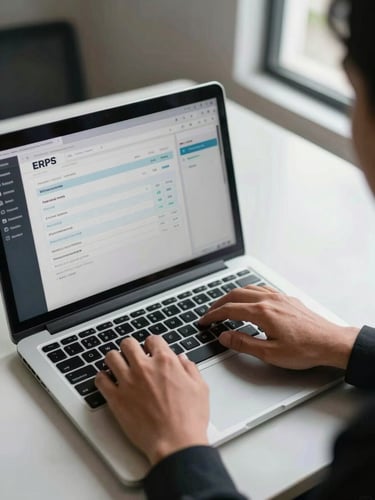 Close-up overhead of a Malaysian business owner's hands typing on a laptop keyboard, ERPS dashboard visible on screen showing invoice creation module, clean office desk with natural window light from the right side