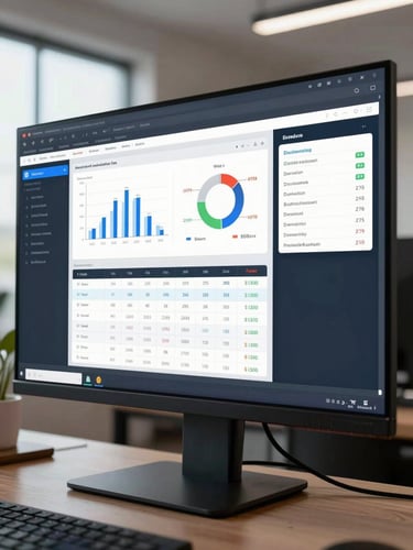 Wide shot of a modern ERP dashboard on a large monitor, showing analytics charts, payroll summary cards, and inventory modules in a clean dark-navy UI — office daylight from the left, tight crop on the screen filling the frame edge to edge, no person visible