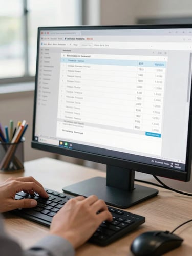 Close-up of a Malaysian business owner's hands navigating an ERP invoice creation screen on a monitor, bright office daylight from left, keyboard and mouse visible, focus on the screen showing line-item data entry