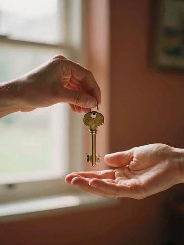 A close-up of hands passing a brass key to a new homeowner, soft natural window light, warm terracotta and olive tones, authentic 35mm film look