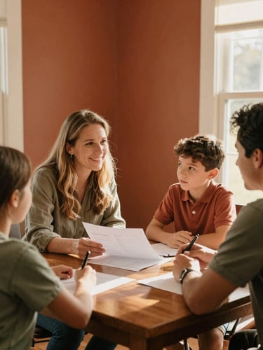 An authentic medium shot of a housing counselor and a family collaborating around a wooden table in a sunlit Georgia office, sharing plans and smiling, warm terracotta tones.