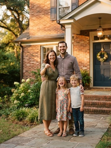 A warm, natural golden-hour photograph of an American family standing outside their new Georgia home, smiling warmly, holding a set of keys, soft 35mm film look.