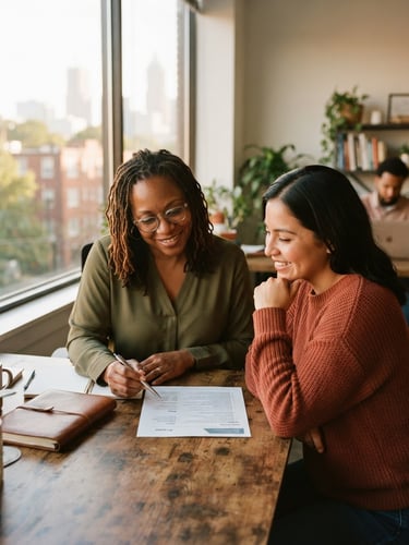 A collaborative career coaching session in Atlanta, Georgia. A housing counselor and a client review a resume together under warm natural window light, looking focused and hopeful.