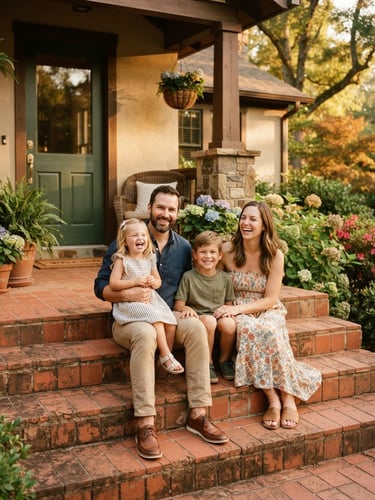 A warm environmental portrait of a family sitting together on the front steps of their new Georgia home, golden hour light, rich terracotta tones, authentic 35mm film look