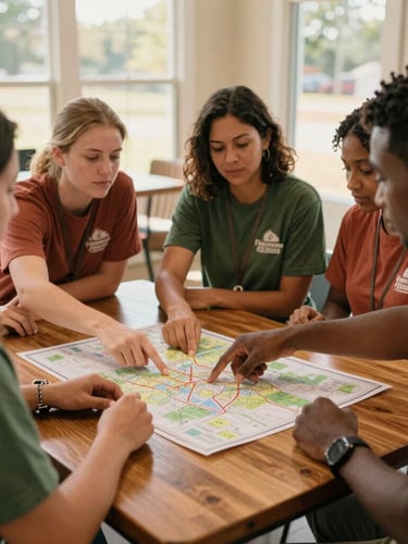 A medium-wide shot of community volunteers and a housing counselor collaborating around a wooden table in a sunlit Georgia community center, hands pointing at a neighborhood map, warm natural light, authentic 35mm film look.