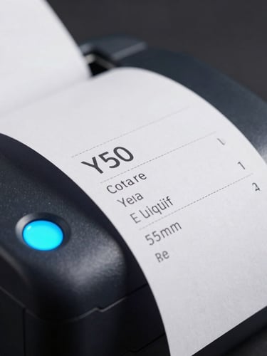 Detailed macro close-up of the y50 thermal printer printing a crisp receipt, electric cyan status light glowing, dark matte background, sharp focus, 50mm lens