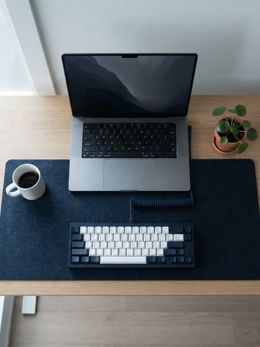 Symmetrical overhead shot of a clean modern desk setup, anodized aluminum laptop, mechanical keyboard, cool diffused Nordic morning light, deep navy and stark white tones, 35mm lens