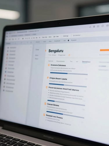 Close-up of a clean computer screen showing a structured technical resume editor with subtle orange highlight markers, cool office lighting, modern IT workspace in Bengaluru.
