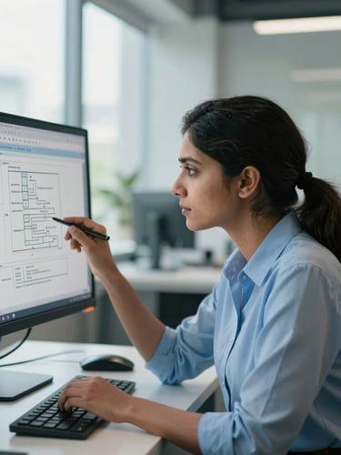 Medium close-up of a female Indian software architect analyzing system schematics on a monitor in a bright, modern Bengaluru office, natural daylight, cool blue accents.