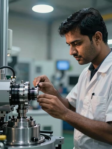 A professional Indian engineer in a high-tech manufacturing facility inspecting a mechanical component, cool industrial lighting, sharp focus.