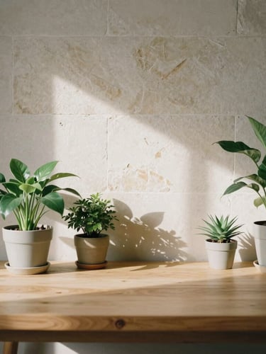 A serene, sunlit minimalist workspace with potted green plants, soft shadows on a warm stone wall, a clean wooden desk, 35mm editorial photography