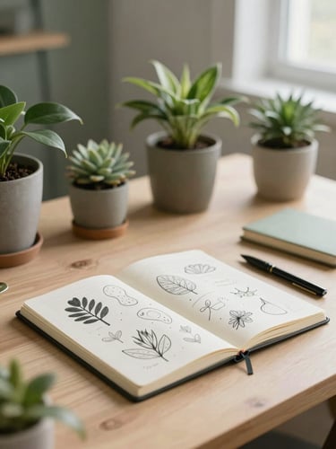 A minimalist, sunlit workspace in South Africa with potted plants, a clean wooden desk, and a simple notebook showing sketched organic diagrams, soft natural daylight, shallow depth of field.