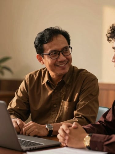 Warm indoor ambient light, an Indonesian Muslim mentor guiding a young professional during an agency workshop, professional and supportive atmosphere, 35mm