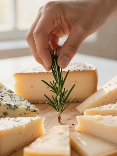 Warm editorial photography of a close-up of a hand placing a single sprig of fresh rosemary onto a styled cheese board, soft natural golden-hour light, shallow depth of field, 35mm