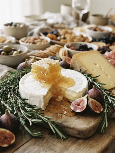 Close-up of a meticulously styled grazing table with fresh honeycomb dripping onto artisanal cheese wheels, hand-torn rosemary sprigs, and fresh figs under soft morning window light, 35mm photography