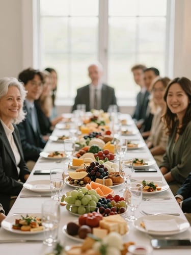 Warm editorial photography of a low-angle shot of guests gathered around a beautifully styled long grazing table at a corporate event, smiling, soft diffused light, shallow depth of field, 35mm