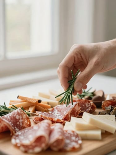 Close-up of hands delicately placing a single sprig of fresh rosemary onto a curated charcuterie board, soft natural window light, shallow depth of field, warm tones.