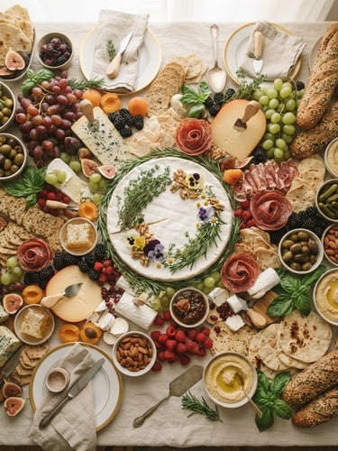 Overhead flat-lay of a luxury grazing table, soft natural morning window light, ivory linen background, artisanal cheese wheels and fresh herbs, warm editorial photography, shallow depth of field, 35mm
