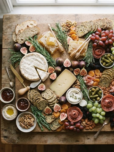 Overhead flat-lay of a luxury grazing table with artisanal cheese wheels, fresh figs, honeycomb, and rosemary sprigs, soft morning window light, 35mm photography