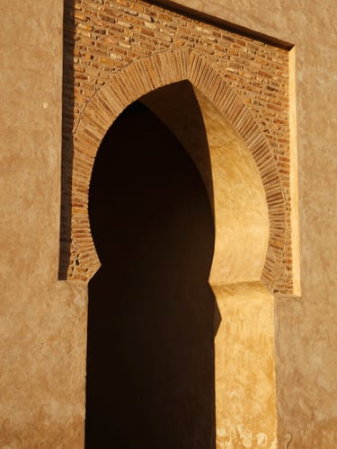 Macro architectural detail of a restored Omani archway, golden hour light striking textured mudbrick and lime plaster, high contrast, 35mm