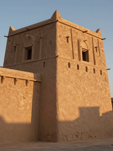 Architectural elevation of a traditional Omani mudbrick fortress at golden hour, sharp shadows, technical drafting line overlays, 35mm photography