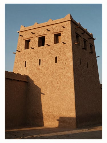 Architectural elevation of a traditional Omani mudbrick fortress at golden hour, deep shadows, high-contrast, editorial 35mm photography