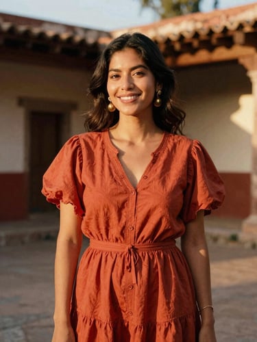 Warm golden-hour editorial portrait of a smiling Mexican woman wearing a vibrant terracotta dress, standing in a rustic sun-drenched courtyard in Mexico, soft depth of field, 35mm film look