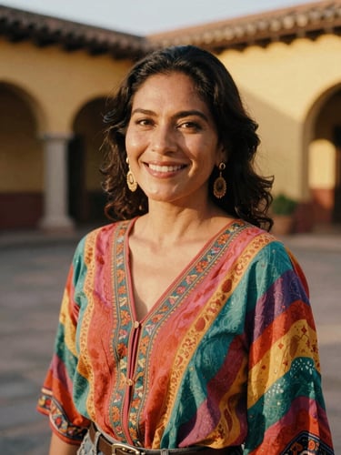 Warm editorial fashion portrait of a Mexican woman smiling in a sun-drenched courtyard, wearing a colorful flowing blouse, golden hour natural light, 35mm film look