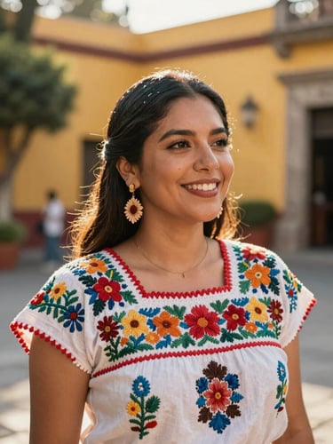 Warm portrait of a smiling Mexican woman in a sun-drenched courtyard in CDMX, wearing a vibrant embroidered blouse, golden hour light, soft depth of field.