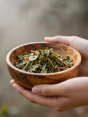 Hands of a local artisan holding a raw wooden bowl with dried botanical herbs, soft natural light filtered by southern Chilean mist, warm rustic tones
