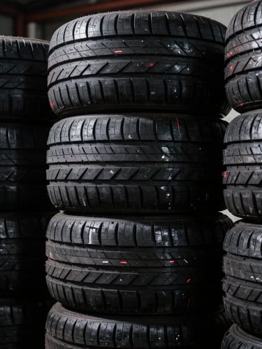 Close-up portrait shot of multiple aggressive sports car tire tread patterns stacked in a pristine, high-contrast warehouse, dramatic studio lighting, deep shadows, bright highlights, visible rubber texture, 35mm.