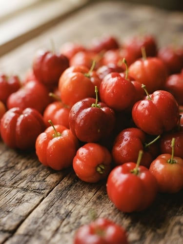 Macro close-up of raw organic acerola cherries on a rustic wooden surface, soft natural side-light from a kitchen window, warm earthy tones, shallow depth of field, 35mm