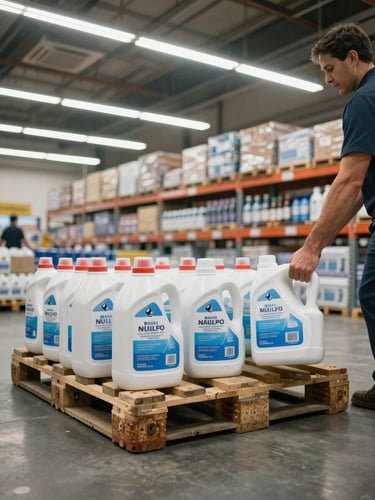 Wide environmental shot of a supermarket warehouse receiving dock, a worker's hands pulling cases of cleaning products off a loaded pallet onto metal shelving, harsh overhead fluorescent light, concrete floor and steel racking visible in background, documentary framing