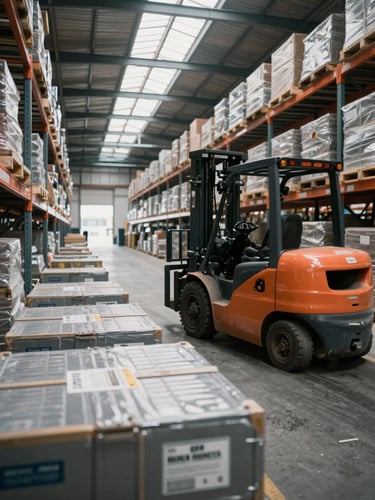 Wide environmental shot of an industrial supply warehouse interior, forklift in motion along a steel shelving corridor, natural daylight entering from high clerestory windows, close-up detail of labeled cargo crates stacked in foreground, muted steel-gray tones throughout