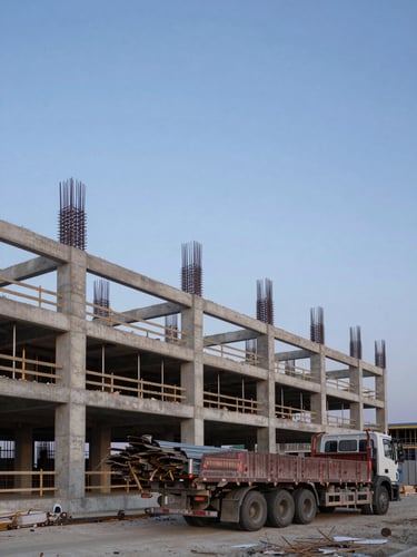 Wide view of a reinforced concrete building skeleton under construction at dusk, steel rebar extending from columns, a flatbed truck unloading materials in the foreground, industrial daylight fading, no people visible