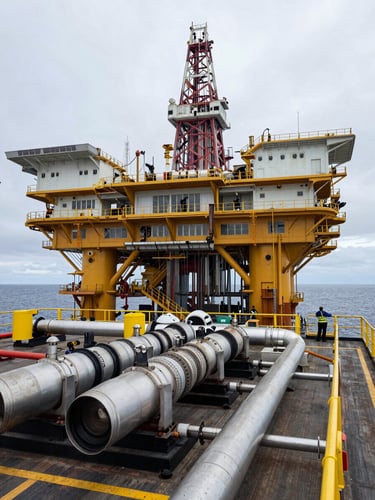 Wide environmental shot of an offshore oil platform deck, heavy steel equipment and pipe manifolds in active use, workers in safety gear visible at distance in the right third, flat overcast daylight, ocean horizon low in the background, shot from mid-deck looking outward across the structure