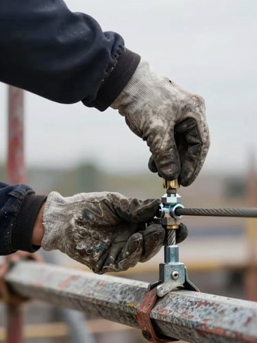 Close-up of a construction worker's gloved hands securing a steel cable connector on a scaffold beam, natural overcast daylight, worn equipment surface visible, shallow depth of field on the fitting detail