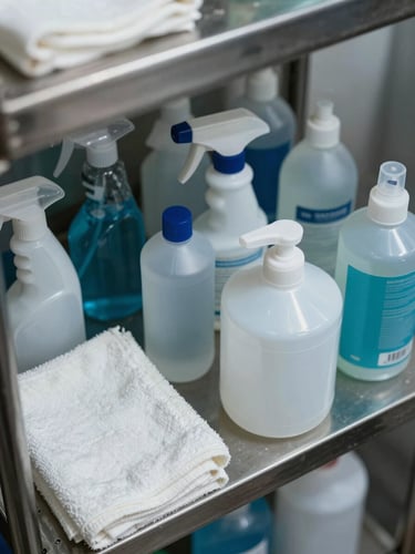 Close-up overhead view of industrial cleaning supplies arranged on a stainless steel shelf — spray bottles, sealed dispensers, and folded white linen cloths under cool diffused daylight, no labels visible, operational detail emphasis